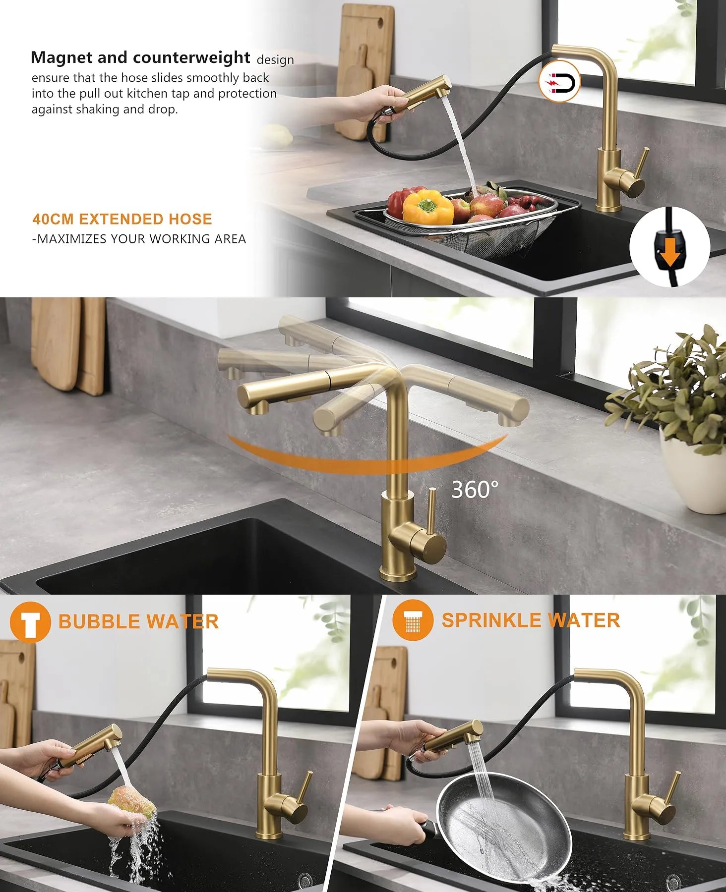 Stainless Steel Kitchen Sink Faucet Pull Out Sprayer Hot Cold Water Mixer Tap Deck Mounted Single Hole Modern Kitchen Tap