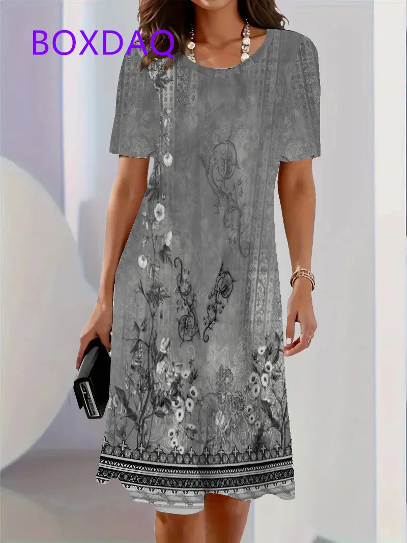Fashion Trend 3D Imitation Denim Pattern Women's Dress New Summer Street Denim Flower Print Short Sleeve Loose Casual Mini Dress