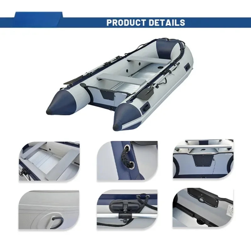 12'6" Inflatable Fishing Boat PVC 0.9mm with Aluminum Floor Rowing Boats 380cm for 6 Person Sport Yacht on Sea Max 30HP Power