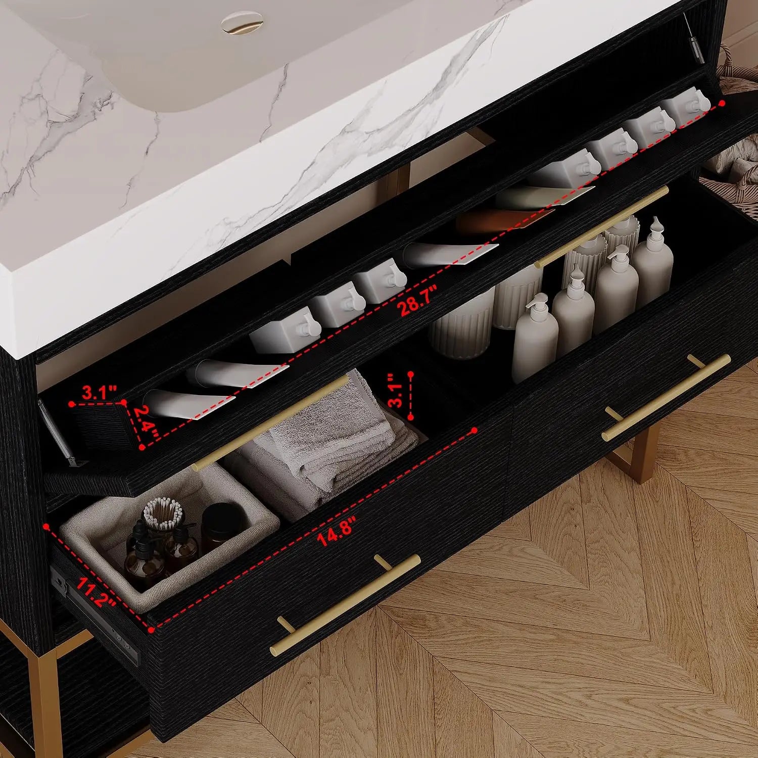 36" Bathroom Vanity with Sintered Stone Countertop – 1 Flip-Up Drawer + 2 Soft-Close Drawers + Open Shelf, Multi-Layer, Custom