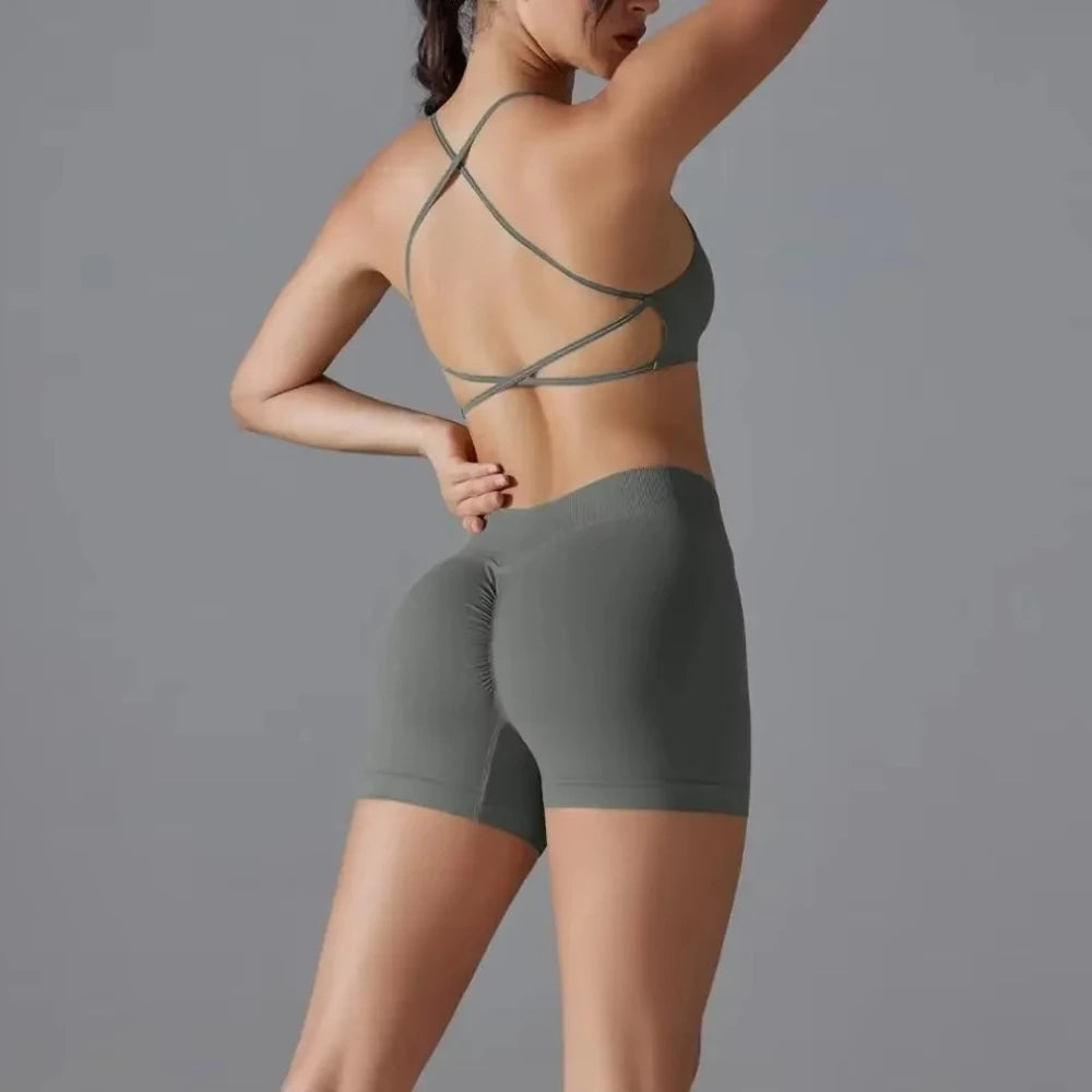 Women's Seamless Solid Color Cross Back High Elasticity Tight and Sexy Sports Bra Yoga Suit Set, Running and Fitness Two Pieces