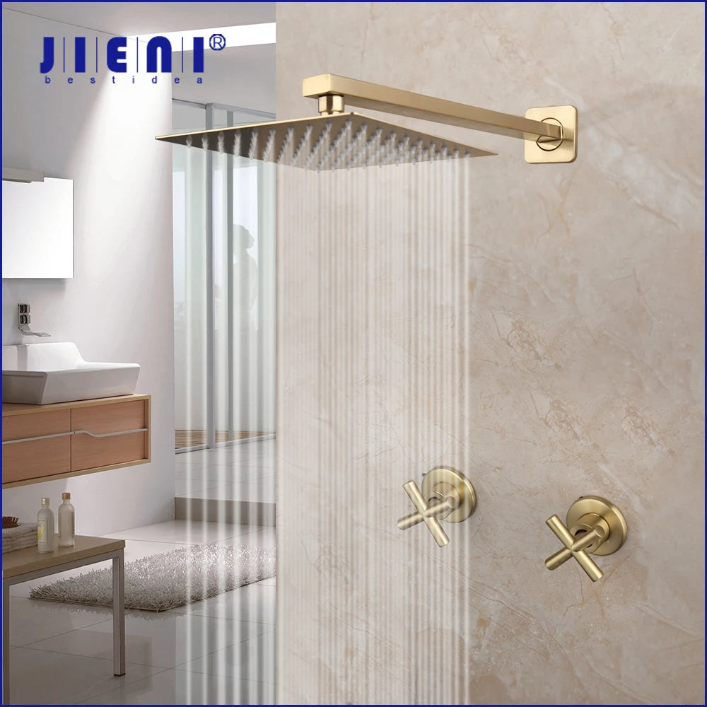 JIENI 8 Inch Brushed Gold Rainfall Shower Faucet Sets Wall Mounted Bathroom Round & Square Head 2 Handles Control Mixer Shower
