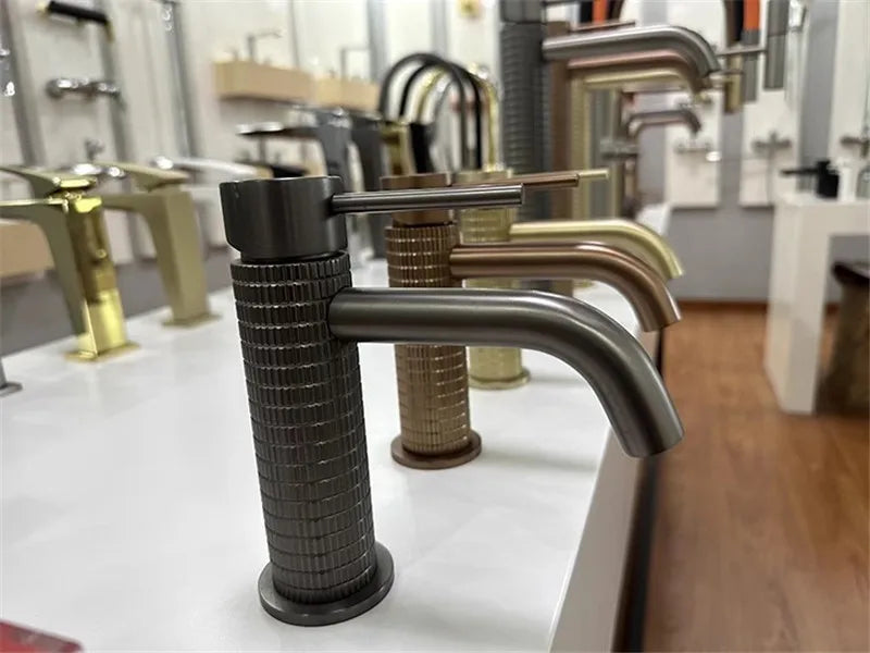 Brushed Rose Gold Bathroom Faucet Brushed Gold Basin Faucet Art Carved Sink Tap Hot & Cold Grey Lavatory Faucet Crane Water Tap