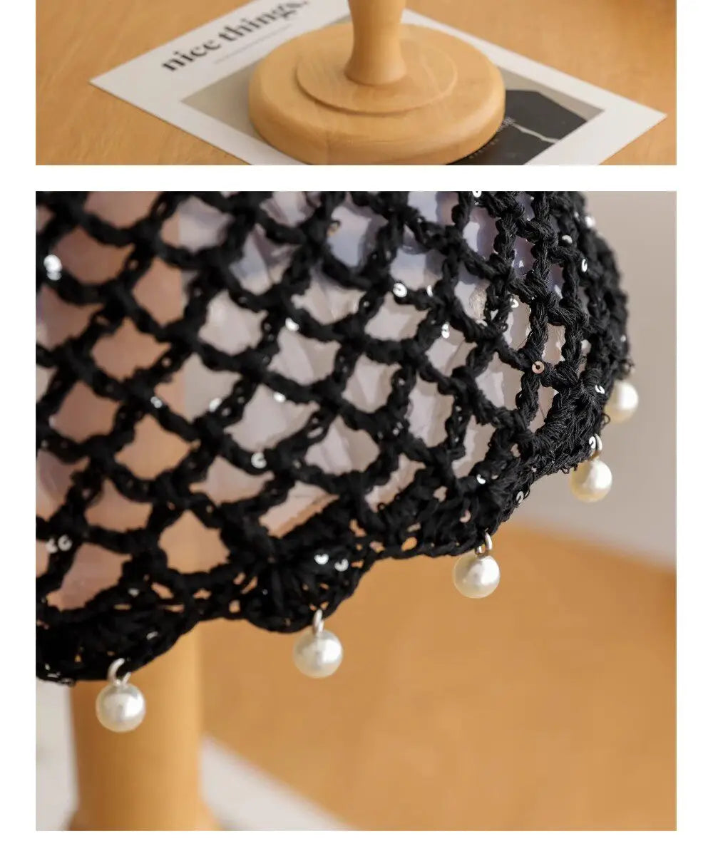Fashion Hollowed Out Woven Pullover Hats Crochet Breathable Beret Cap Pearl Fringed Retro Beanies Cap for Women Summer Korean
