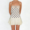 Women Y2K Polka Dot Cami Dress Lace Trim Spaghetti Strap Satin Ruffle Hem Bodycon Mini Dress Summer Casual Streetwear
