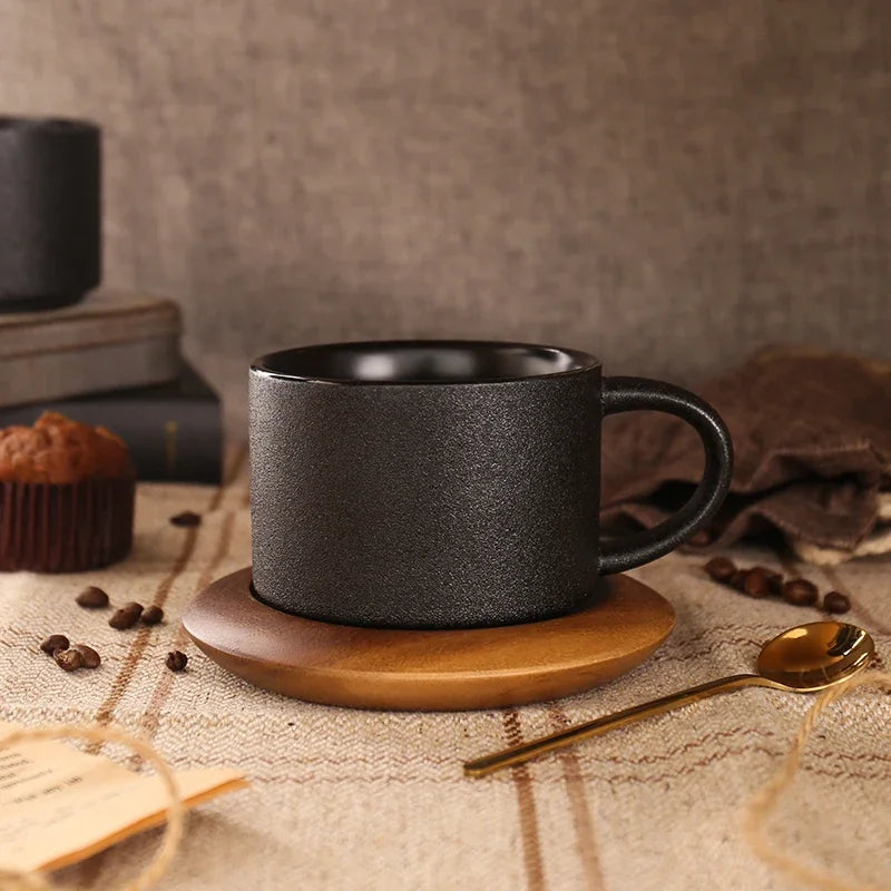 Nordic Black Ceramic Coffee Tea Cup creative coffee shop cups Frosted Porcelain Matte Mug Wood Saucer with Gold Steel Spoon mugs