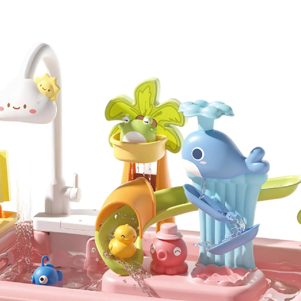 Kitchen Water table Sets with Pump,Tableware & Fishing Game for Kids,Children's Play Sink with Running Water & Electric Faucet