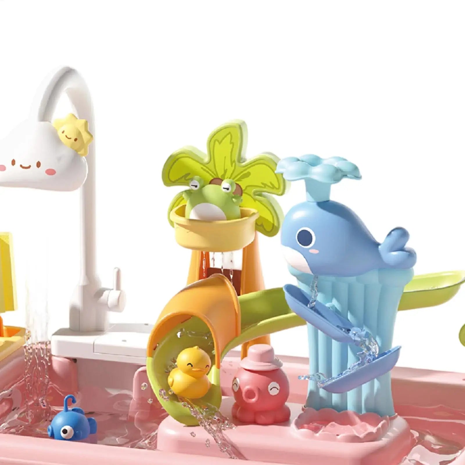 Kitchen Water table Sets with Pump,Tableware & Fishing Game for Kids,Children's Play Sink with Running Water & Electric Faucet