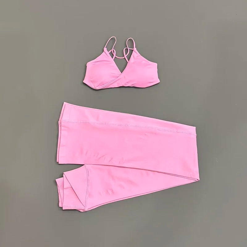 2Pcs Yoga Set Seamless Women Twist Front Sports Bra and Vision Flares Leggings Sets Scrunch Butt Cross Waist Gym Flare Pants Set