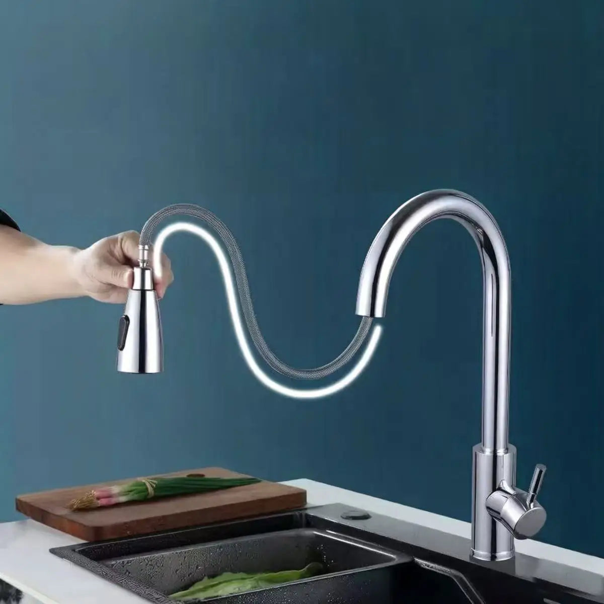 Stainless steel kitchen faucet single hole pull out spout kitchen sink mixer faucet flow spray head 360 swivel cleaning faucet