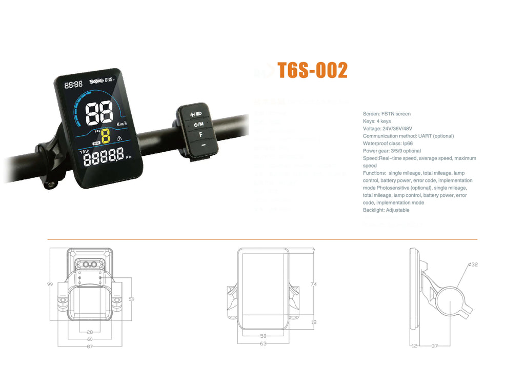 E-Scooter Brushless Motor Controller 9 MOSFET 24V 36V 48V 350W 500W 25A-30A With UART No.2 LCD Display, PAS,Throttle for E-Bike