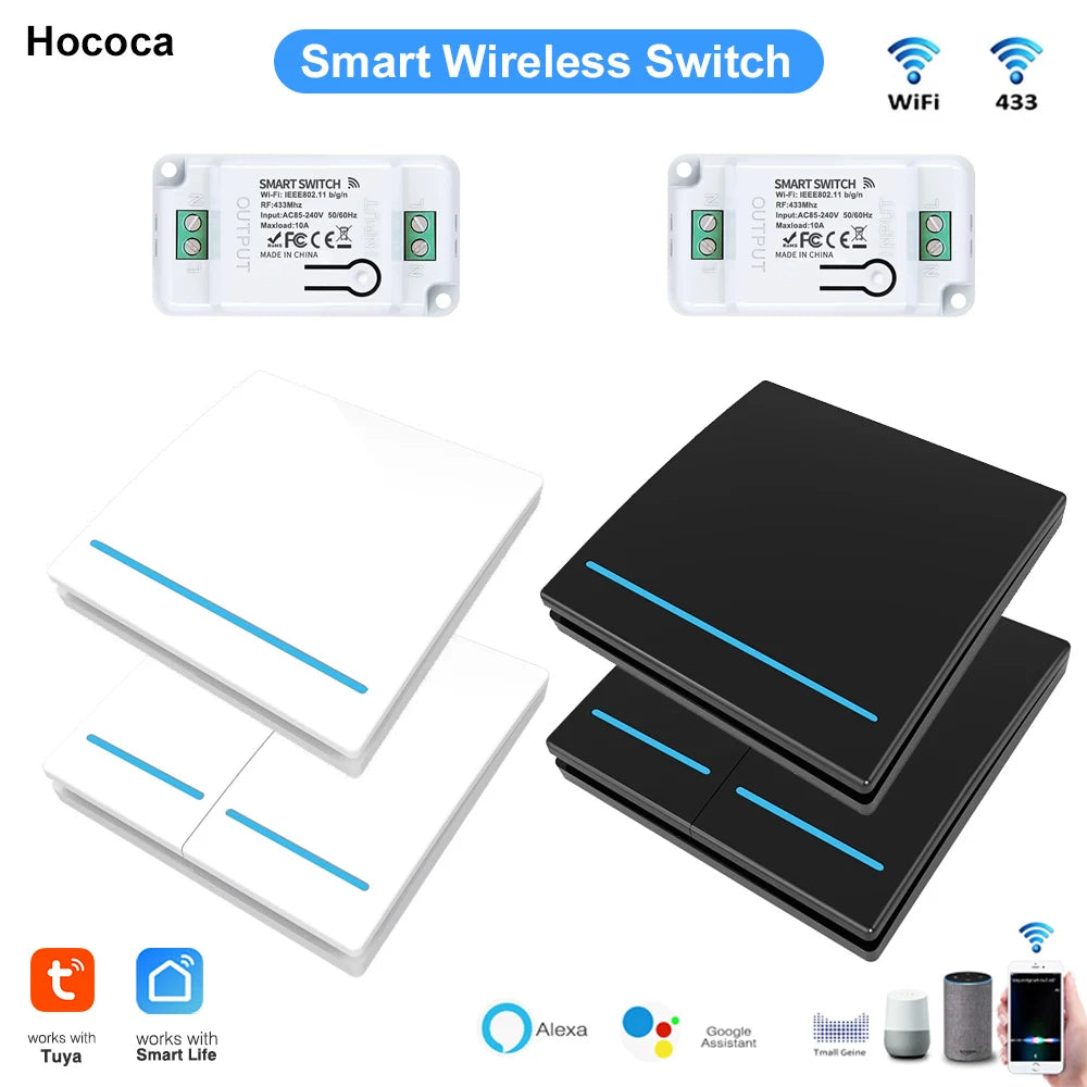 Long Distance Smart Tuya Wifi Wireless Switch Black And  White 1/2/3gang RF433 Remote Control Light Switch CR2032 Power Supply