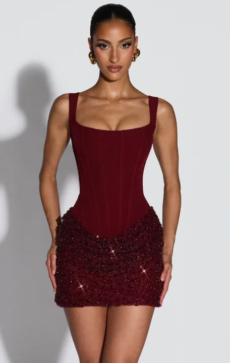 Sexy Sequin Patchwork Sling Mini Dress Women Chic Off-shoulder Backless Waist Cinching Slim Short Dresses Lady Club Party Gowns