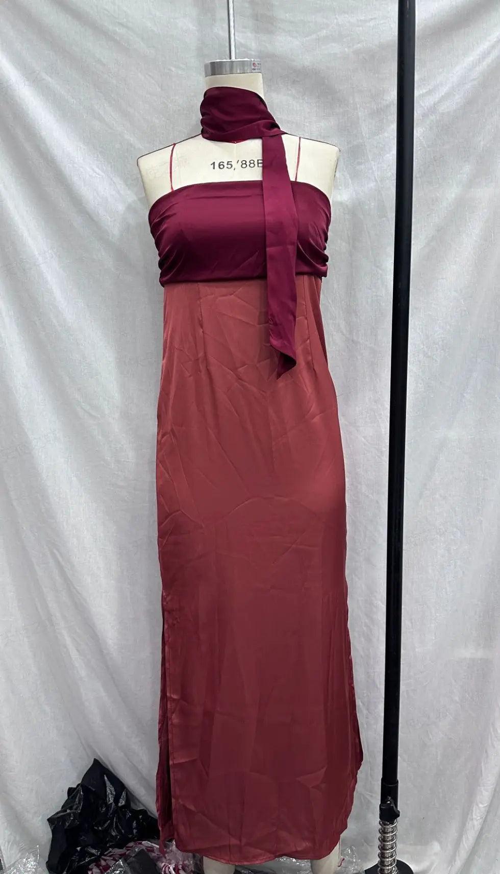 Color Blocking Scarf Collar Suspender Women Maxi Dress Spaghetti Strap High Split Floor Length Evening Dresses Lady Party Robes