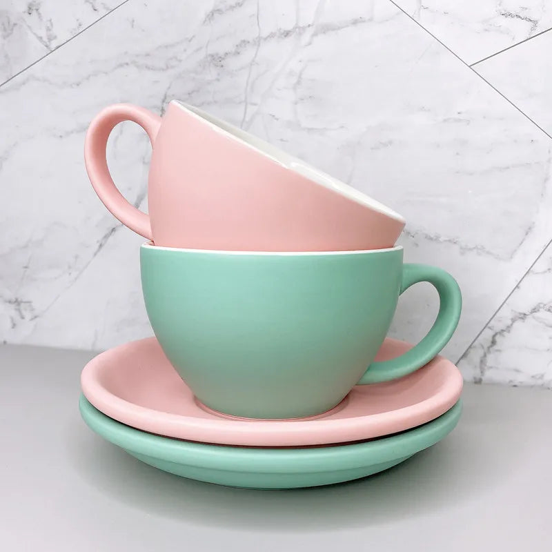 European Style Matte Latte Cup Ceramic Cappuccino Cup Large Mouth Coffee Cup Plate Set Handmade Craftsmanship 300ml
