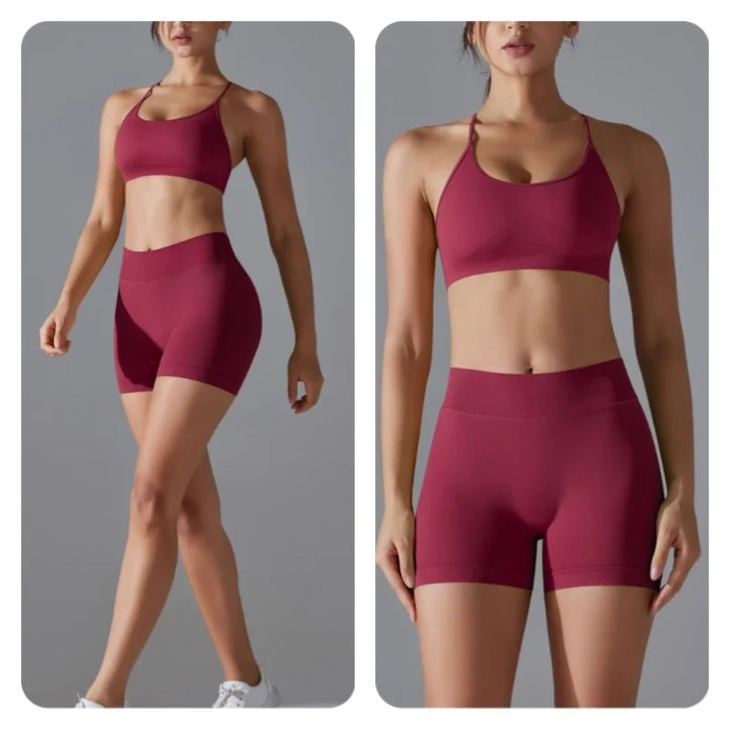 Women's Seamless Solid Color Cross Back High Elasticity Tight and Sexy Sports Bra Yoga Suit Set, Running and Fitness Two Pieces
