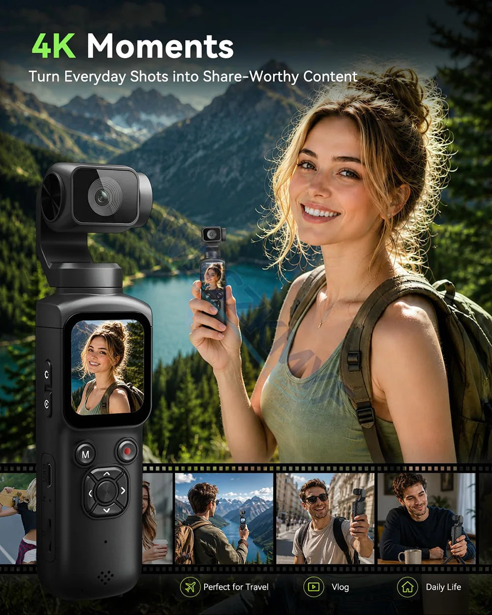 UHD 4K Action Camera With 330° Face Tracking Gimbal Stabilizer Pocket Camera for Vlog Outdoor Travel Handheld Video Recorder