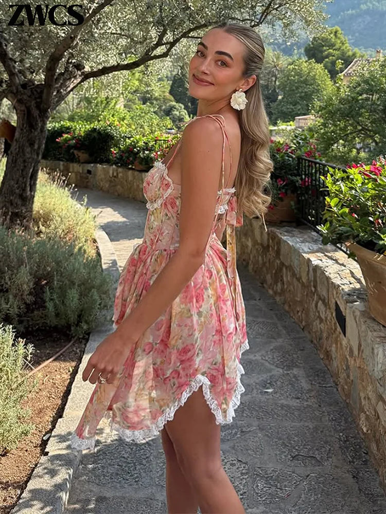 Sexy Print Spaghetti Strap Dresses Women's Sweet Sleeveless Backless Lace-up Puffy Mini Dress 2026 Summer Waist-cinching Gowns