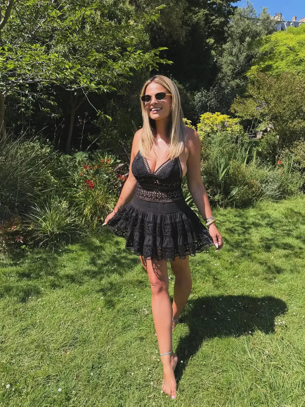 Black Hollowed Out Lace Cake Dress Slim Shoulder Straps Deep V-lace Corset Mini Skirt 2026 Summer Date Vacation Fashion Outfit