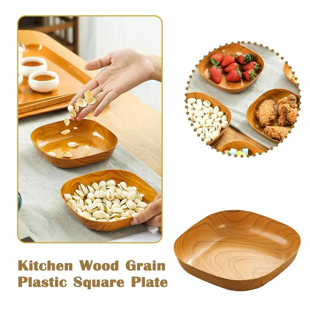 1/10/20Pcs Dish Kitchen Wood Grain Plastic Square Plate Dried Fruit Fruit Cake Snack Plates Snack Tableware Bowl Dish Dinnerware