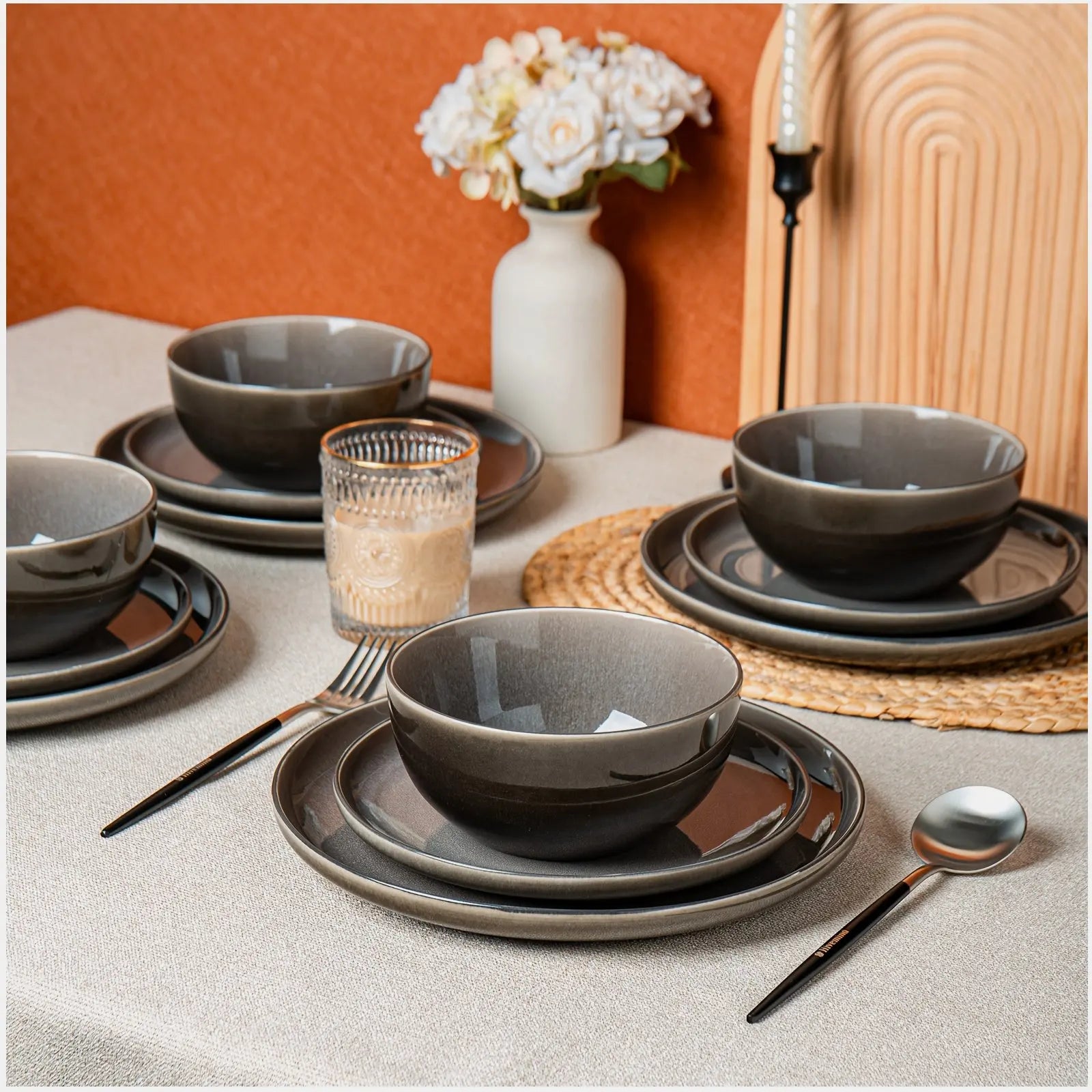 12-Piece Purple-Gray Reactive Glaze Ceramic Tableware Set for 4 People – Soup Bowls, Salad Plates, Dessert Dishes, Pasta Bowls &