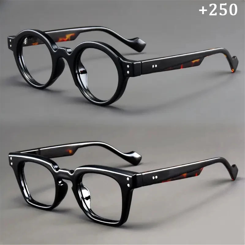 A set of 2 vintage round and square reading glasses, suitable for both men and women, designed to assist with presbyopia