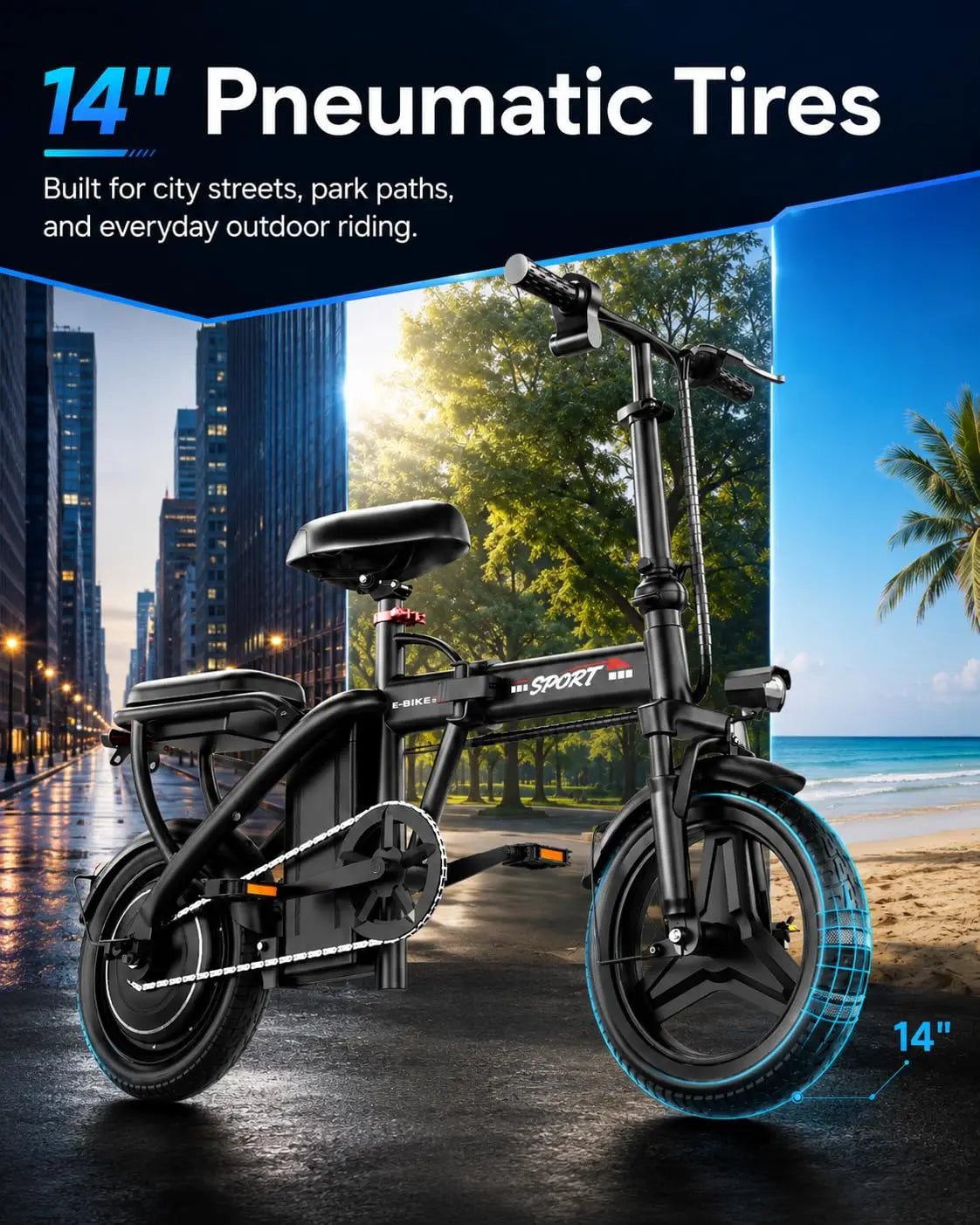 1200W Peak Motor Foldable Electric Bike, 25 MPH 45 Miles Dual Suspension 14" Tires 3 Speed Modes Commuter Ebike Adults , Custom