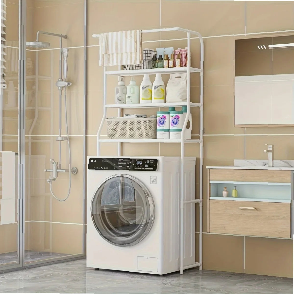 Multi-Layer Metal Storage Rack for Bathroom & Balcony, Washing Machine Shelf with Toilet Paper Holder, Space-Saving Organizer