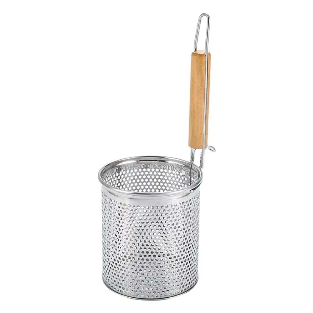 Durable Thickened Stainless Steel Funnel Wooden Handle Multifunctional Pasta Basket Strainer Kitchen Gadgets Deep Fry Basket