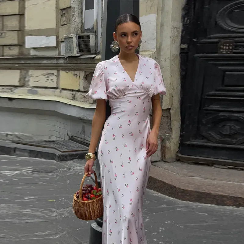Elegant Print Women Long Dress Fashion V-neck Pleated Flutter Short Sleeve Empire Female Dresses 2026 Summer Chic Female Robe