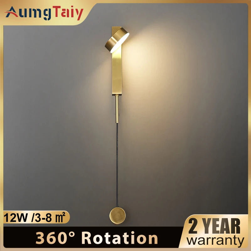 Modern Wall Lamps 360° Rotation Dimming Switch Wall Lights for Bedroom Study Room Decor Living Room Gold Black 12W