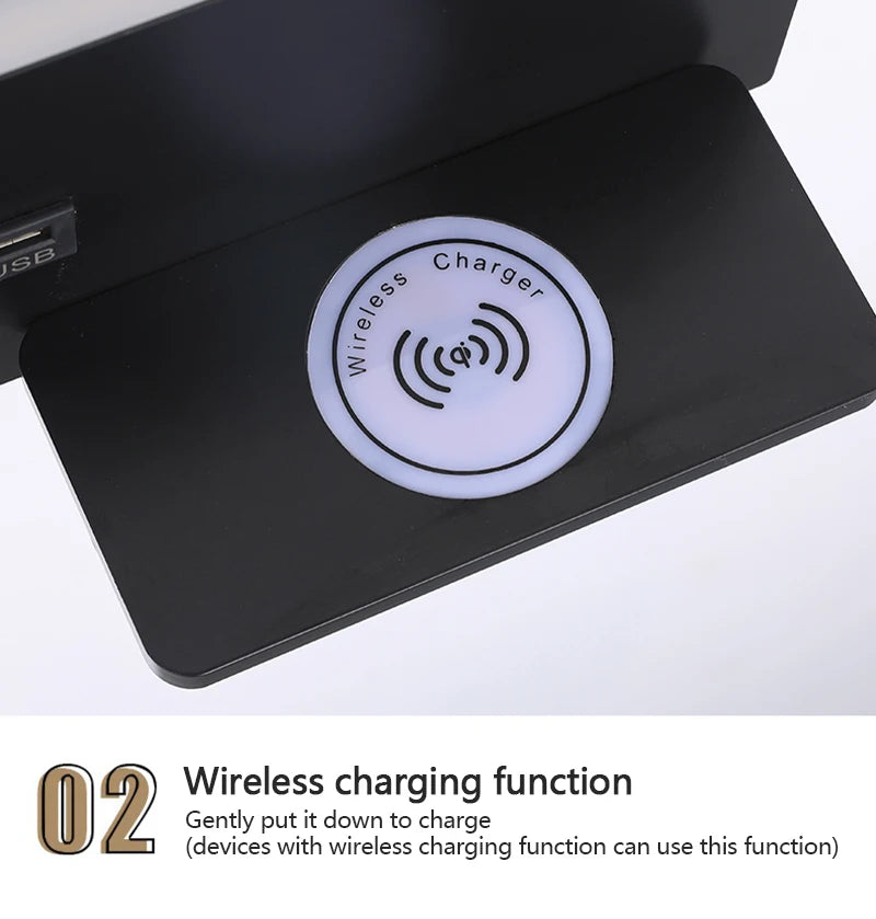 Multi functional wall lamp with switch, USB interface, LED mobile phone wireless charger, reading wall lamp, bedroom night light