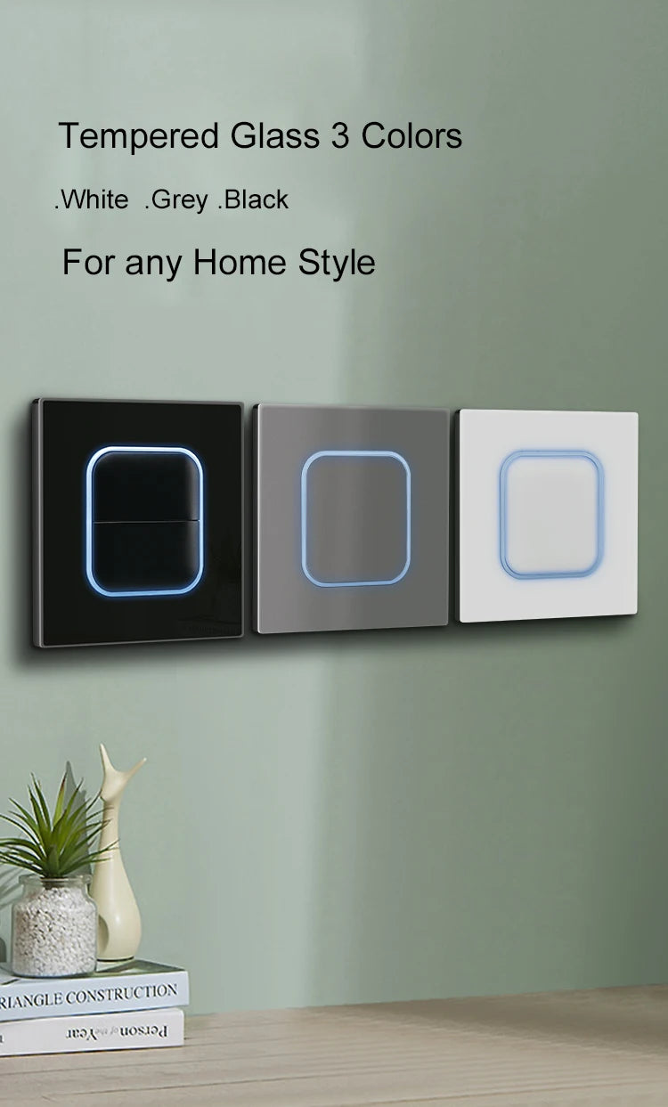Wallpad 1 2 3 4 Gang Wall Light Switch 1 2 Way Black Glass Impulse Momentary Switch LED Indicator