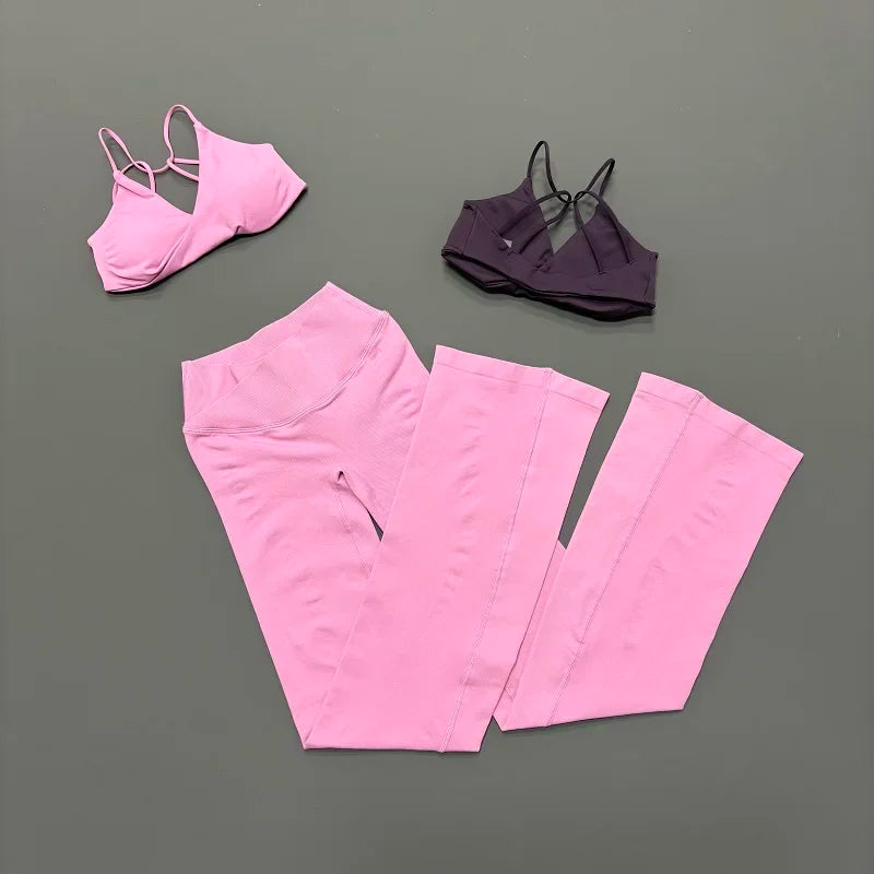 2Pcs Women Sports Yoga Set Halter Neck Sports Bra Flare Leggings Seamless Hip Lifting Quick Dry Gym Fitness Workout Activewear