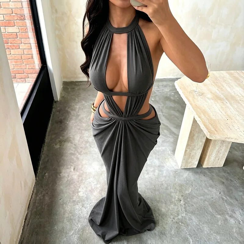 Halter Cut-Out Draped Super-Cut Back Bare Elegant Party Maxi Dress Waistless Backless Sleeveless Khaki Evening Prom Long Dress