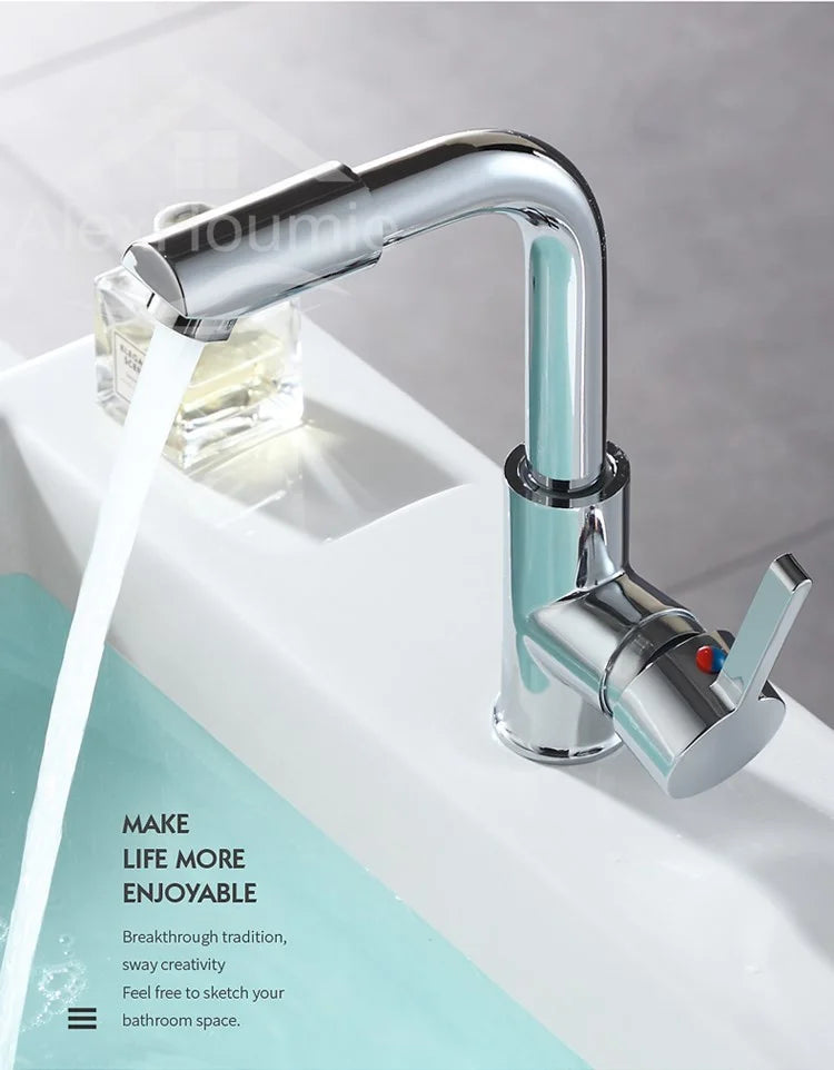Bathroom Faucet with 360° Rotate Spout Deck Mounted Water Tap Chrome Single Hole Single Handel for Hot and Cold Water Mixer