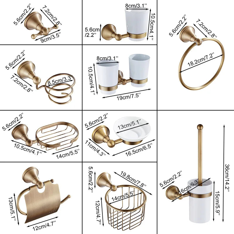 Antique brass plated wall-mounted towel rack bathroom hardware pendant set paper towel holder coat hook toilet brush ELA68A