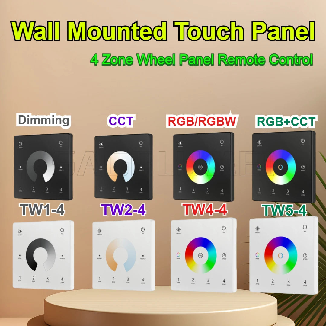 Wall Touch Panel TW1-4/TW2-4/TW4-4/TW5-4 2.4G RF 4 Zone Dimmer Switch Controller for Single Color/RGB RGBW/RGBCCT LEDStrip Light