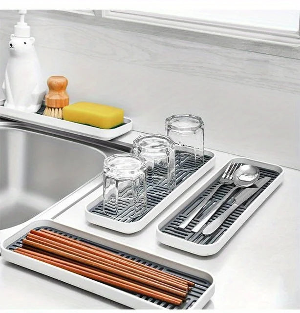 Kitchen Sink Organizer with Drain Tray, Sponge Holder, and Cutlery Drainer - Keep Your Countertop Clean and Tidy!