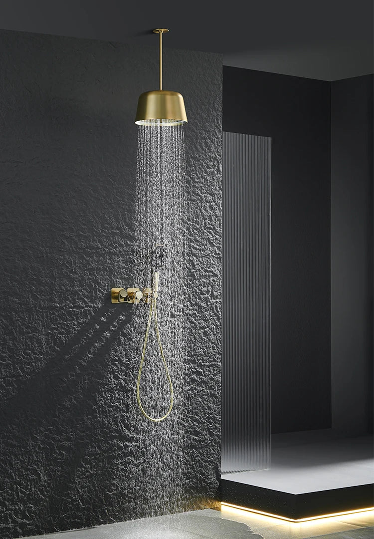 Brushed Gold Bathroom Shower Faucet Set 2 Way Rainfall Bathtub Mixer Hot Cold Water Mixed Tap ceiling arm Embedded Box
