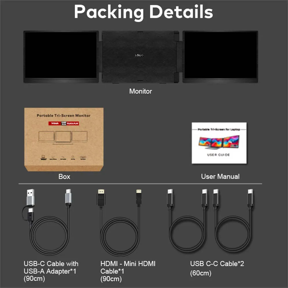 Rospider 14 Inch Portable Dual IPS Laptop Monitor Extended High-Definition Triple Expandable PC LCD Screen Extender