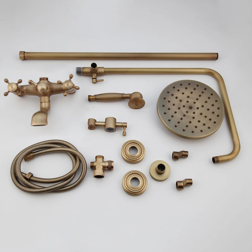 ZAPPO Antique Shower Set Wall Bathroom Bath Shower Faucet Rainfall Brass Shower System with Swivel Spout Mixer Tap Sliding Bar