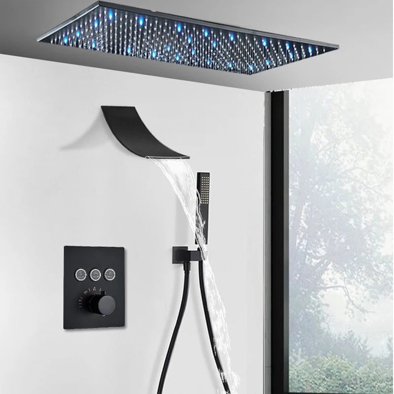 Luxury Black LED Thermostatic Shower Faucet Large Rain Waterfall Shower System Button Control Thermostatic Mixer Tap Bath Shower