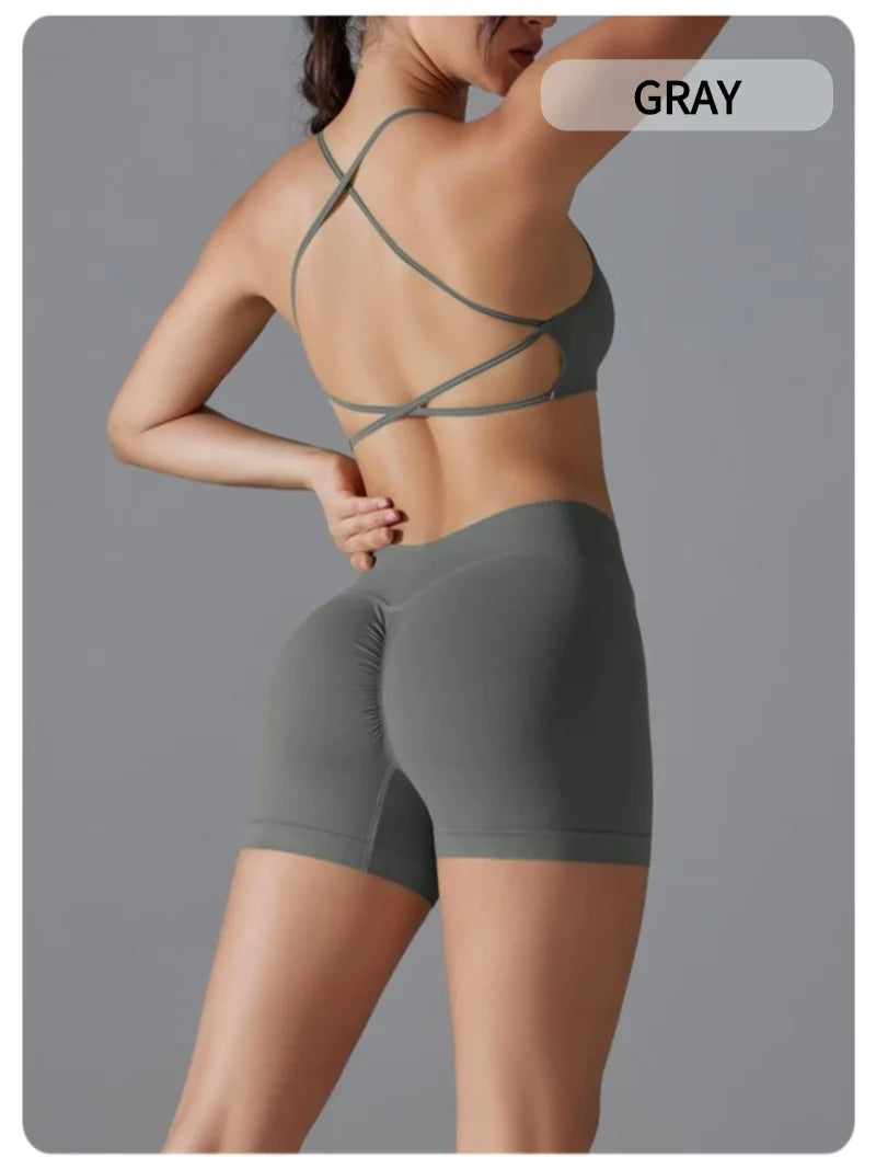 Women's Seamless Solid Color Cross Back High Elasticity Tight and Sexy Sports Bra Yoga Suit Set, Running and Fitness Two Pieces