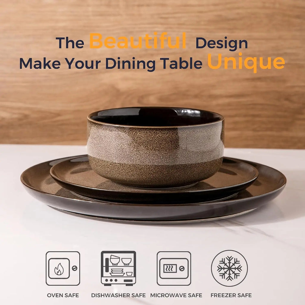 Ceramic Dinnerware Sets for 8,Plates and Bowls Sets,Reactive Glaze Dishes Set,Highly Chip and Crack Resistant | Dishwasher & Mic