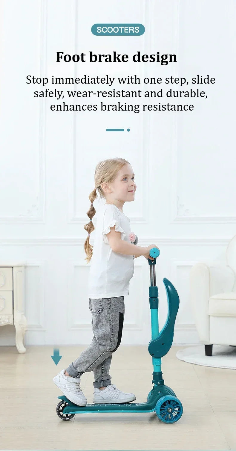 2-in-1 Scooters Kids 3 Wheel Kick Scooter for Boys Girls Adjustable Height & Seat Non-Slip Deck Sit or Stand Ride with Brake