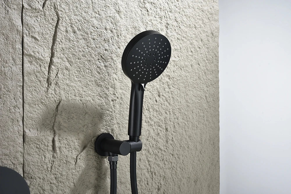 High End Matte Black Concealed Rain Shower System Modern Bathtub Thermostatic Shower Set 3 Modes Rainfall Bathroom Shower Faucet