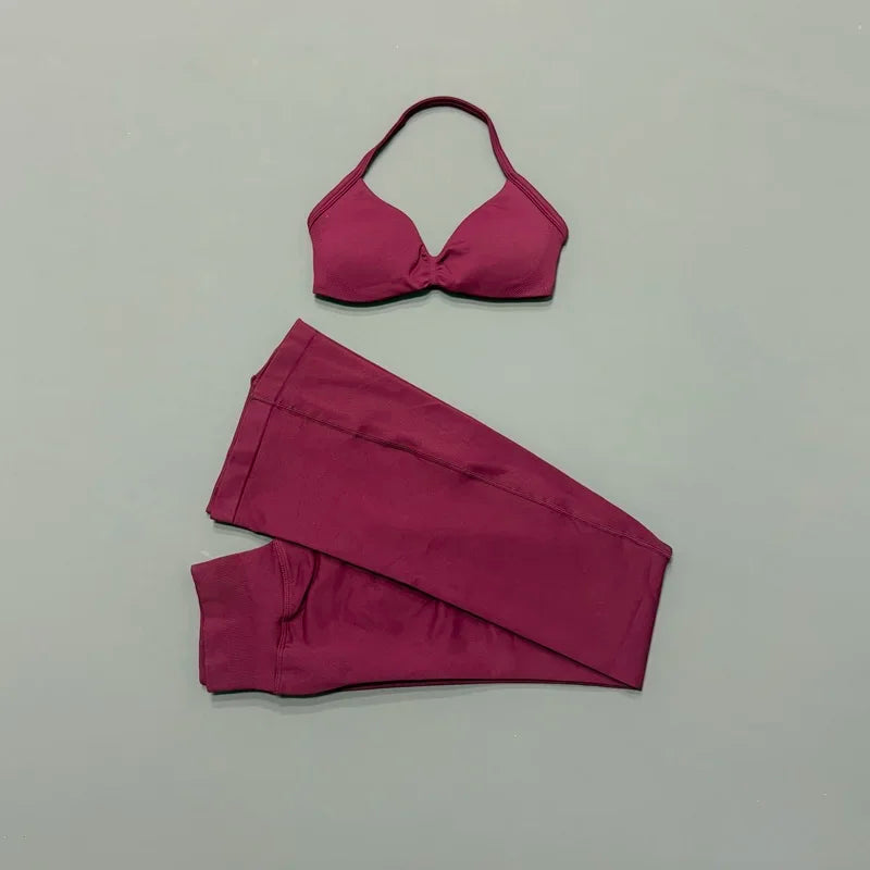 Sexy Women Flare Leggings Set Seamless Hip Lifting Fitness Flared Pants Suit Open Back Gym Strappy Bra Yoga Flares Legging Sets