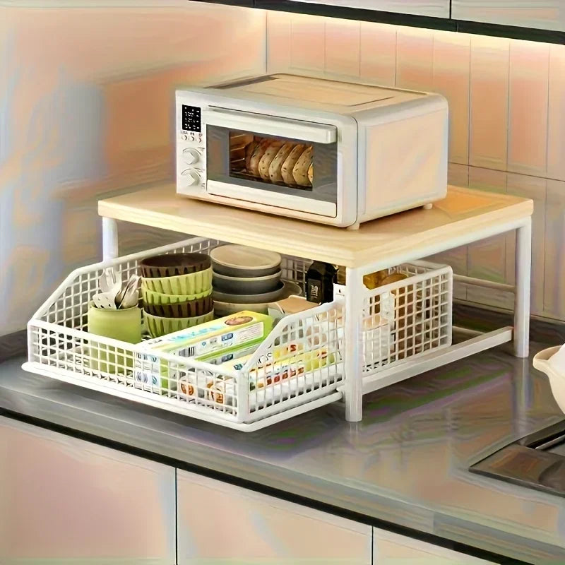 Space-Saving Kitchen Countertop Organizer Made of Sturdy Hardwood with Drawer and Wire Basket for Coffee Maker