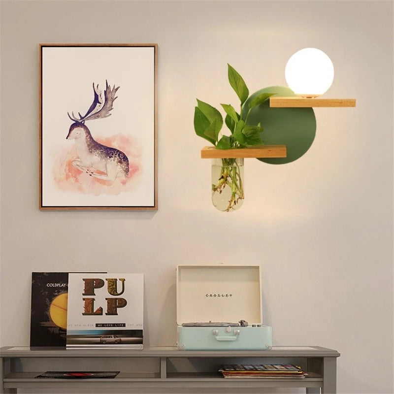 Modern Wooden Lamp Led Wall Lamps Nordic Personality Creative Green Plant Pot Home Decor Living Room Aisle Loft Light Fixtures